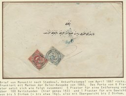 Br Türkei - Stempel: 1865, Envelope Bearing 5 Pia. Carmine And 1 Pia. Grey Each Tied By Blue "MONASTIR - Autres & Non Classés