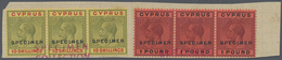 Zypern: 1923. KGV 10sh "Specimen" And £1 "Specimen" Each In Horizontal Strips Of 3 Mounted On One UP - Autres & Non Classés