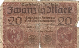 DARLEHENSKASSENSCHEIN ( Billet De Pret D'etat 1914-1922 ). 20 ZWANZIG MARK .  20-2-1918 . N° K.5336108 . 2 SCANES - Administration De La Dette