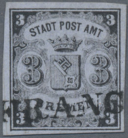 O Bremen - Marken Und Briefe: 1855, 3 (Gr) Schwarz Auf Blaugrau, Waagerecht Gestreiftes Papier, Mit Sa - Bremen