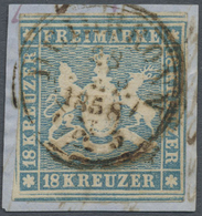 Brfst Württemberg - Marken Und Briefe: 1857, 18 Kr. Wappen Blau, Gestempelt Auf Briefstück, Typischer Schn - Sonstige & Ohne Zuordnung