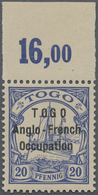 ** Deutsche Kolonien - Togo - Britische Besetzung: 1914. 20 Pfg. Blau, Type II, Abart: Weiter Abstand V - Togo