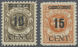 ** Memel: 1923, 10 C. Auf 400 M. Dunkelolivbraun Und 15 C. Auf 25 M. Lebhaftrötlichorange, Zwei Postfri - Memel (Klaïpeda) 1923