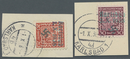 Brfst Sudetenland - Karlsbad: 1938, 1938, 20 H. Und 30 H. Staatswappen Auf Zwei Briefstück Je Mit Ersttags - Sudetenland