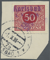 Brfst Sudetenland - Karlsbad: 1938, 50 H. Portomarke Mit Ersttagsstempel "KARLSBAD 4d 1.X.38" Auf Briefstü - Région Des Sudètes