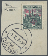 Brfst Sudetenland - Karlsbad: 1938, 50 H. Kaschau Mit Ersttagsstempel "KARLSBAD 4d 4.X.38" Auf Briefstück, - Sudetenland