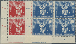 **/ DDR: 1951, Deutsch - Polnische Freundschaft, 2 Eckrand Viererblöcke Unten Rechts Mit Druckerzeichen - Autres & Non Classés