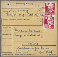 Br DDR: 1953, 80 Pf Dkl'rosarot Köpfe, Partie Mit 3 Paketkarten, Dabei Einzelfrankatur Auf PK Von Henni - Other & Unclassified