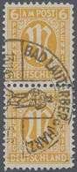 O Bizone: 1945, AM-Post Deutscher Druck 6 Pf Dunkelrötlichgelb Gestempeltes Senkrechtes Paar Auf Etike - Sonstige & Ohne Zuordnung