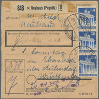 Br Bizone: 1948, 50 Pf Dkl'kobalt Bauten, Senkr. 3er-Streifen Als MeF Auf Paketkarte Von Neuhaus (Pegni - Autres & Non Classés