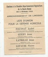 élections Chambre Départementale D'agriculture De La Haute Vienne ,1952 ,liste D'Union Pour La Défense Agricole - Ohne Zuordnung