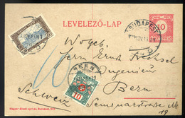 89398 BUDAPEST 1920. Kiegészített Díjjegyes Levlap, Svájcba Küldve, Portózva - Used Stamps