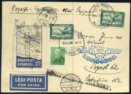 89448 1933 Légiposta Levelezőlap Arcképek + Repülő I. Bélyegekkel , Levélzáróval 'ELSŐ LÉGIPOSTAJÁRAT BUDAPEST - GYÖNGYÖ - Used Stamps