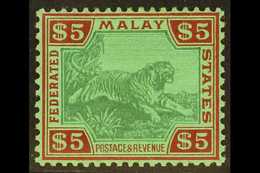 FEDERATED MALAY STATES 1922 $5 Green And Red On Green, Tiger, Wmk Script, SG 81, Superb Mint. For More Images, Please Vi - Other & Unclassified