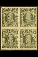 1909 ½d KEVII (as SG 387) - an IMPERF PROOF BLOCK OF FOUR In Black On Ungummed Paper, small Thin Patch, Fine Frontal App - Other & Unclassified