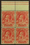 1922-26 2s Red On Emerald Wmk MCA, SG 174, Superb Never Hinged Mint Upper Marginal BLOCK Of 4, Very Fresh. (4 Stamps) Fo - Turks E Caicos