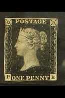 1840 1d Intense Black, SG 1, Plate 3, Check Letters "P - E", 4 Close/brushing Margins, Unused (no Gum) With Tiny  Hinge  - Unclassified