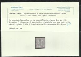 ANTICHI STATI ITALIANI ASI 1857 1859 PARMA GIGLIO BORBONICO CENT. 25c BRUNO LILLA MH CERTIFICATO - Parma