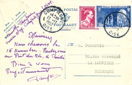 131/26 - Entier Sceau Etat + TP Col Ouvert Envoyé En France Comme REPONSE  - Posté à COMPIEGNE 1952 Vers LA LOUVIERE - Cartoline 1951-..
