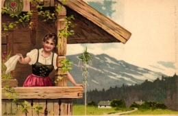 Dame Im Dirndl, Bauernhaus, Berge, Sign. Mailick, Um 1900/05 - Mailick, Alfred