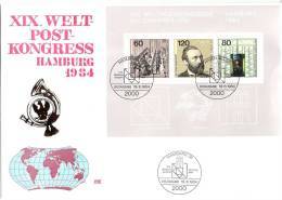 BRD FDC 1984 Nr.1215 - 1217 Block 19 Weltpostkongress Hamburg ( Dg42) - 1981-1990