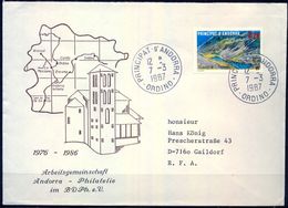 1987 , ANDORRA - CORREO FRANCÉS , SOBRE  CIRCULADO , ORDINO - GAILDORF , ED. 372 , TURISMO , LAGO DE ANGONELLA - Brieven En Documenten