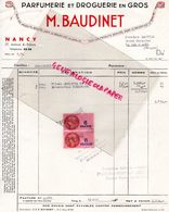54- NANCY- FACTURE PARFUMERIE DROGUERIE M. BAUDINET-37 AVENUE A. FRANCE- 1950 PARFUM PARFUMEUR - Droguerie & Parfumerie