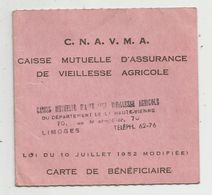 Carte De Bénéficiaire ,haute Vienne , LIMOGES , 1959, Caisse Mutuelle D'assurance De Vieillesse Agricole, 2 Scans - Ohne Zuordnung