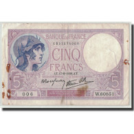 France, 5 Francs, 5 F 1917-1940 ''Violet'', 1939, 1939-08-17, TB, Fayette:4.6 - 5 F 1917-1940 ''Violet''