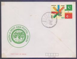 PAKISTAN 1991 FDC - SWAPU South & West Asia Postal Union, Flags Turkey & IRAN Related, First Day Cover (taped Corner) - Pakistan