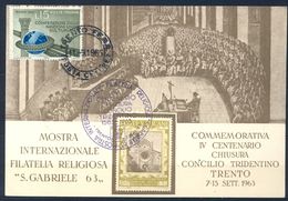 1963 , CIUDAD DEL VATICANO , TARJETA POSTAL CONMEMORATIVA , MUESTRA INT. FILATELIA RELIGIOSA, TRENTO - Storia Postale