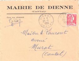 4379 DIENNE Cantal Lettre 15F Muller Yv 1011 Ob 23 1 1956 Recette Distribution B7 Facteur Boitier 04 Dest Murat - Lettres & Documents