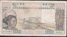 W.A.S. TOGO  P808Tk 5000 FRANCS 1991 Signature 22  VF Small Tear - Togo