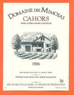 étiquette De Vin De Cahors Domaine Des Mimosas 1986 Serge Bladinière à 46140 - 75 Cl - Cahors