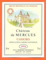 étiquette De Vin De Cahors Chateau De Mercuès1994 Georges Vigouroux à Merguès - 75 Cl - Cahors