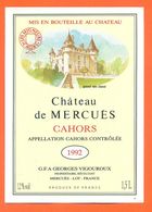 étiquette Jéroboam De Vin De Cahors Chateau De Mercuès1992 Georges Vigouroux à Merguès - 150 Cl - Cahors