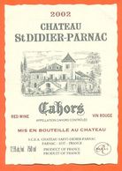 étiquette De Vin De Cahors Chateau Saint Didier Parnac 2002 à Parnac - 75 Cl - Cahors