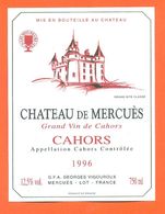 étiquette De Vin De Cahors Chateau De Mercuès 1996 Georges Vigouroux à Mercuès - 75 Cl - Cahors