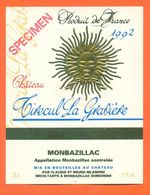 étiquette Specimen Vin De Monbazillac Chateau Tirecul La Gravière 1992 Bilancini à Monbazillac - 75 Cl - Monbazillac