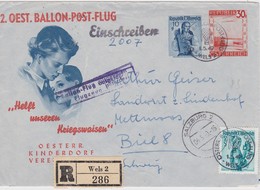 AUTRICHE 1949 LETTRE RECOMMANDEE DE WELS  BALLON ANNULE ACHEMINE PAR POSTE AERIENNE AVEEC CACHET ARRIVEE BIENNE - Ballonpost