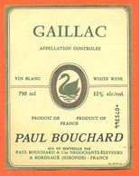 étiquette Vin De Bordeaux Gaillac Paul Bouchard à Bordeaux - 75 Cl - Cygne - Gaillac