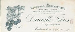 33 - Bordeaux - Facture Du 25 Septembre 1901 - Liqueurs Supérieures Dureuille Frères - Fruits Sirops & Caramels - Facturas