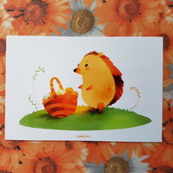 "Mushroom Basket" By Michkina- Mushroom - Champignon - Modern Postcard - Hedgehog - Pilze