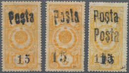 * Tannu-Tuwa: 1933. Lot Of 3 Overprint Stamps "15k On 6k Orange", 2x Type 1 And 1x Type 2, One Type 1 - Tuva