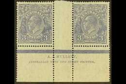 1926-30 3d Dull Ultramarine KGV Head Perf 14, SG 90, Fine Mint Marginal Horizontal Gutter PAIR WITH MULLET IMPRINT (both - Other & Unclassified