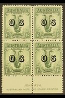 OFFICIAL 1932 1s Green, Lyrebird, "O S" Overprint In JOHN ASH Imprint Block Of 4, SG O136, Fine Mint, Hinged On Top Pair - Other & Unclassified