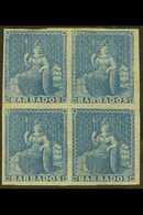 1852 1d Blue Britannia, SG 3, In A Mint Block Of Four, Good Margins And Large Part Original Gum. For More Images, Please - Barbados (...-1966)