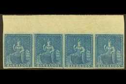 1852 1d Deep Blue Britannia, SG 4, An Attractive Mint Upper Marginal Strip Of Four, Three Of The Stamps Are Never Hinged - Barbades (...-1966)