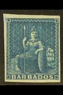 1855-58 1d Deep Blue Britannia On White Paper, SG 10, Mint With Four Margins And Large Part Gum..  For More Images, Plea - Barbados (...-1966)