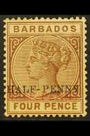 1892 ½d On 4d Deep-brown, Surcharge Double In Red And Black, SG 104b, Mint With Usual Toned Gum, Very Scarce. For More I - Barbades (...-1966)